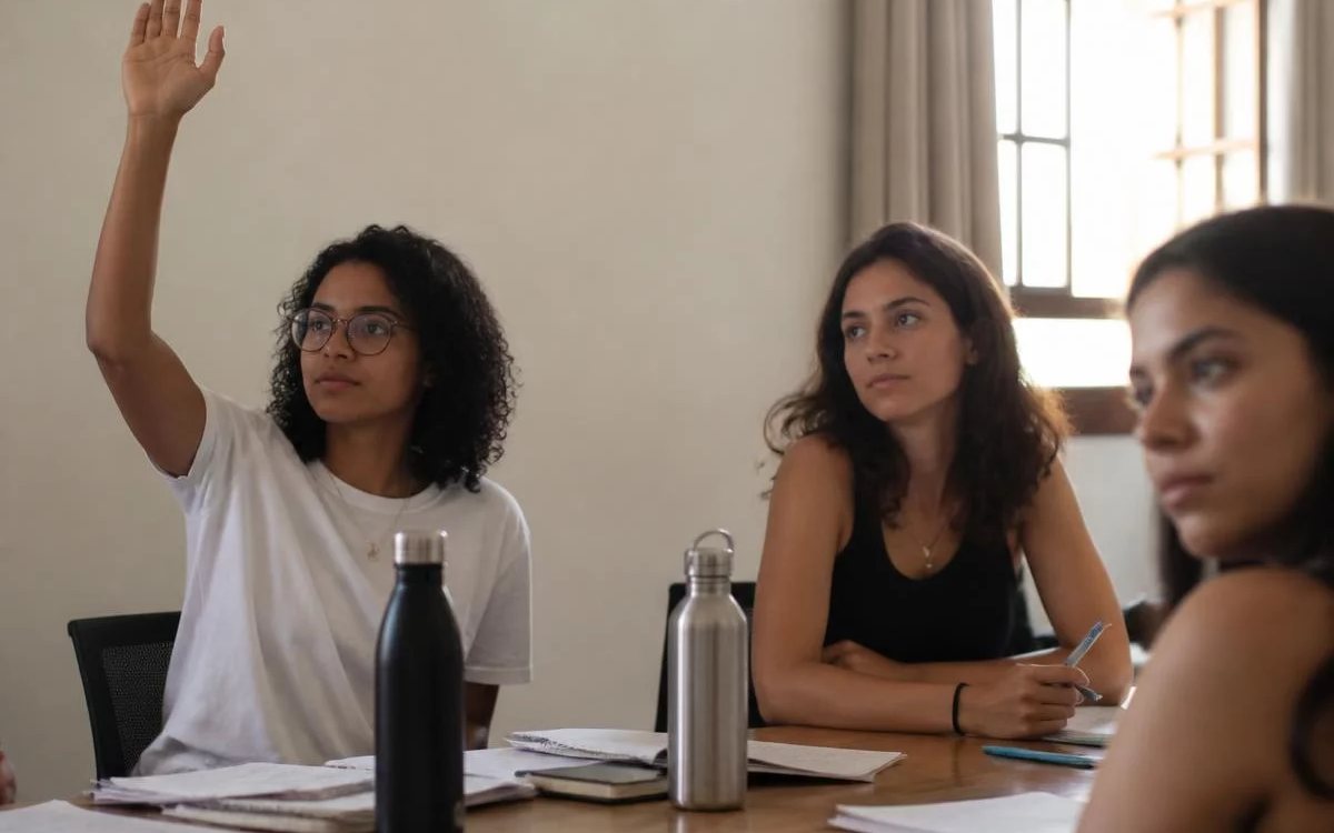 Grupo pequeno reunido em volta da mesa, ouvindo a fala de quem tem a palavra